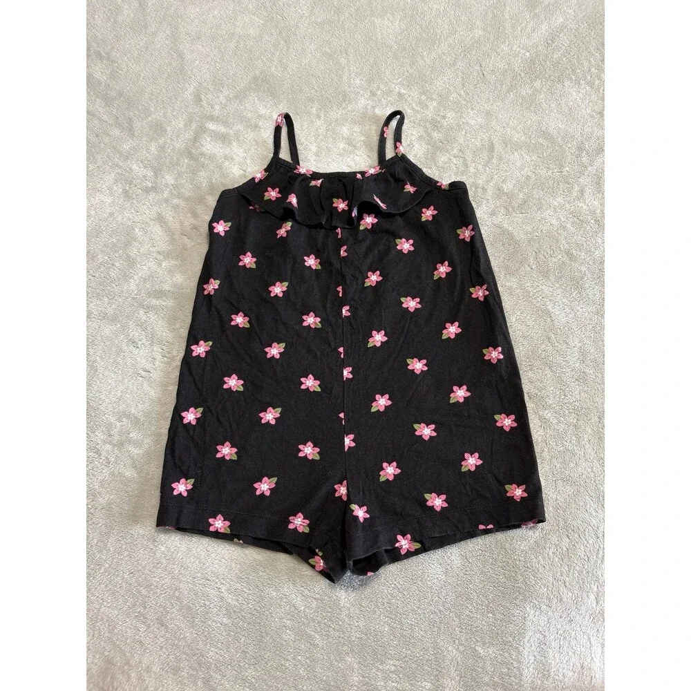 Girls romper jumpsuit spaghetti strap black pink floral flowers back to school